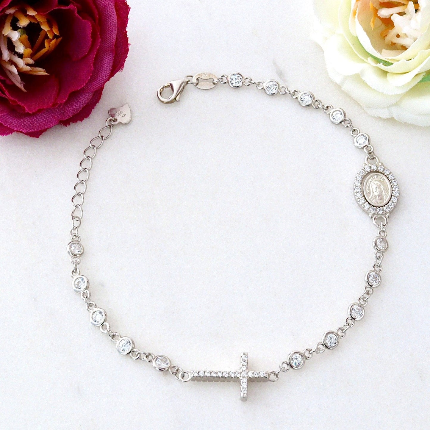 Pulsera de rosario de circonita cúbica de plata de ley para mujer, rosario de Medalla Milagrosa, rosario de Reina de la Paz, pulsera de rosario de Virgen María de Gracia
