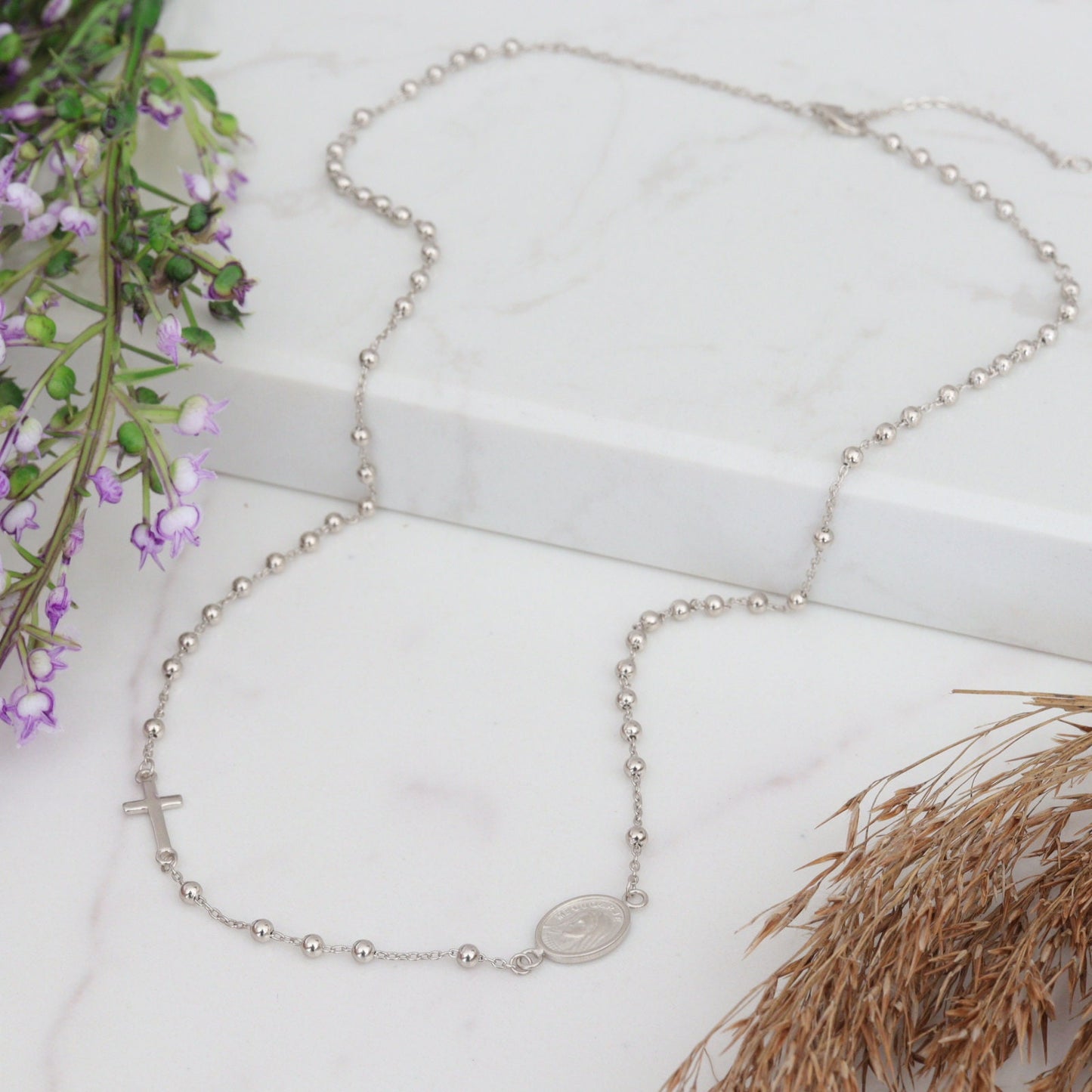 Collar de rosario minimalista, rosario de plata de ley 925, collar de Nuestra Señora, collar de Medalla Milagrosa, collar de rosario con cuentas católicas