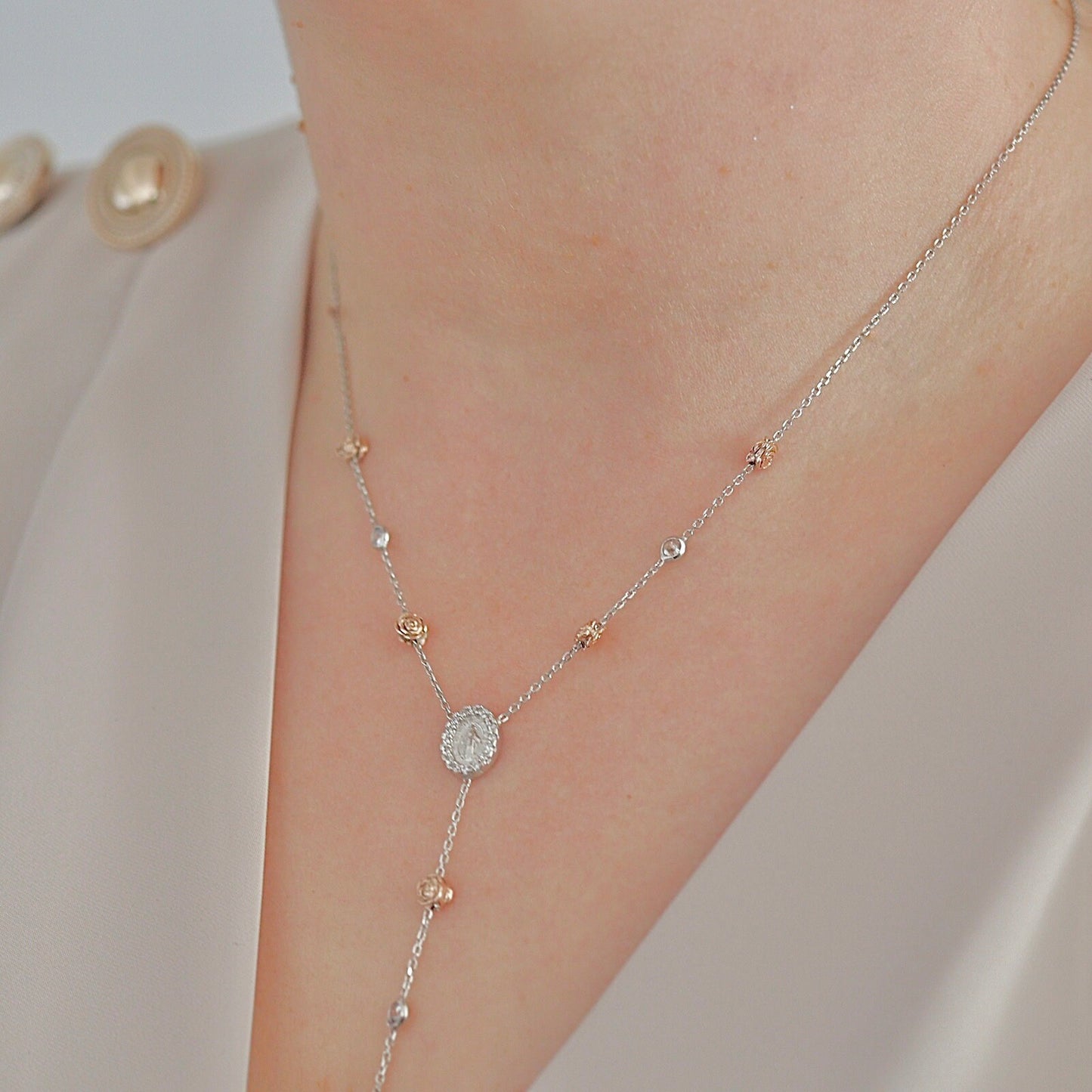 Collar de rosario de Medalla Milagrosa de plata de ley para mujer, medalla milagrosa de plata de ley con rosas, collar de plata Nuestra Señora de Gracia 925