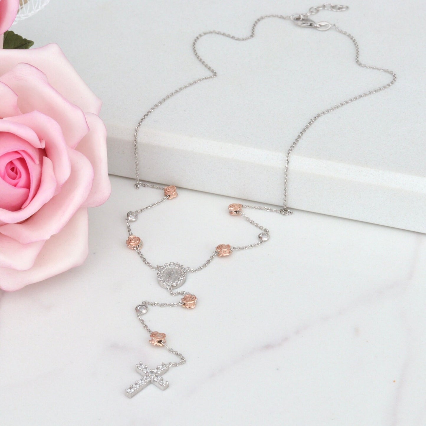 Collar de rosario de Medalla Milagrosa de plata de ley para mujer, medalla milagrosa de plata de ley con rosas, collar de plata Nuestra Señora de Gracia 925