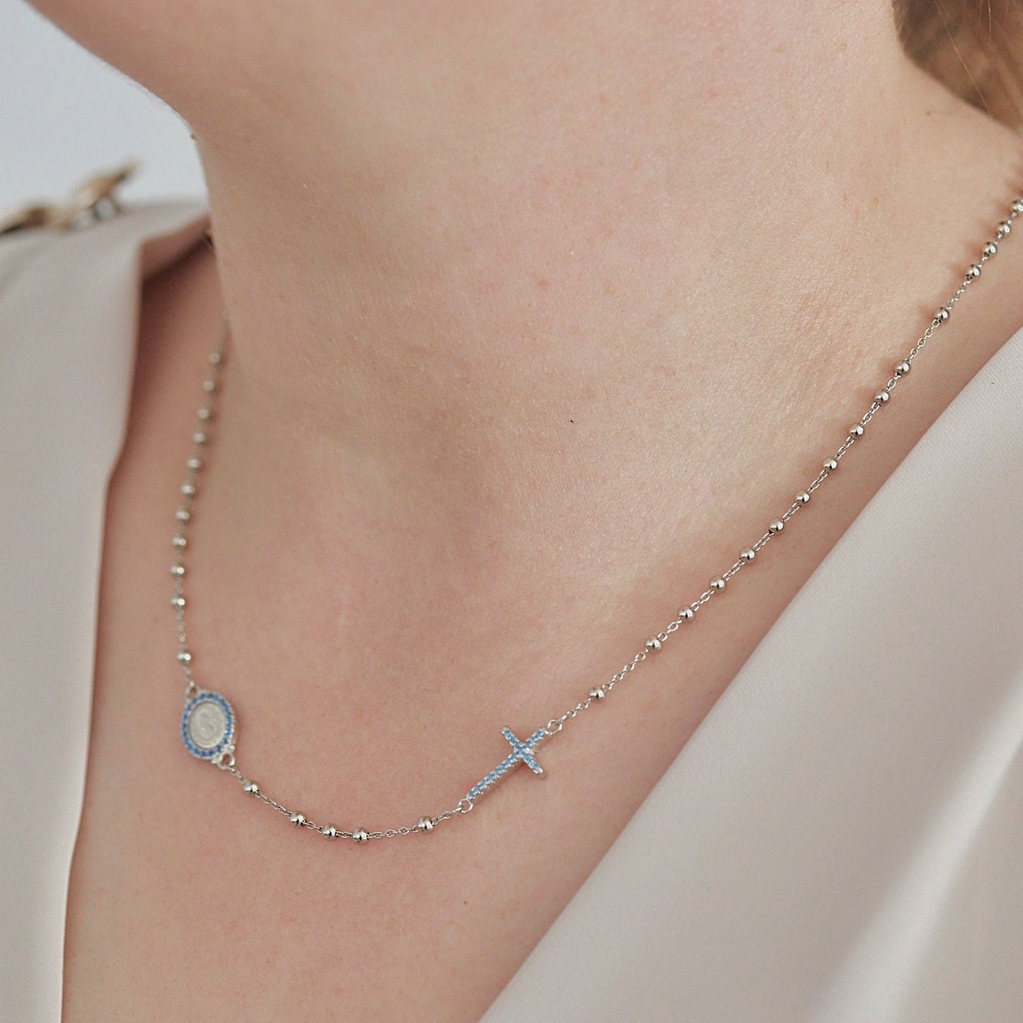Dainty rosary necklace for teenage girl ,sterling silver 925, minimalist style necklace with Miraculous Medal ,20 inch rosary necklace