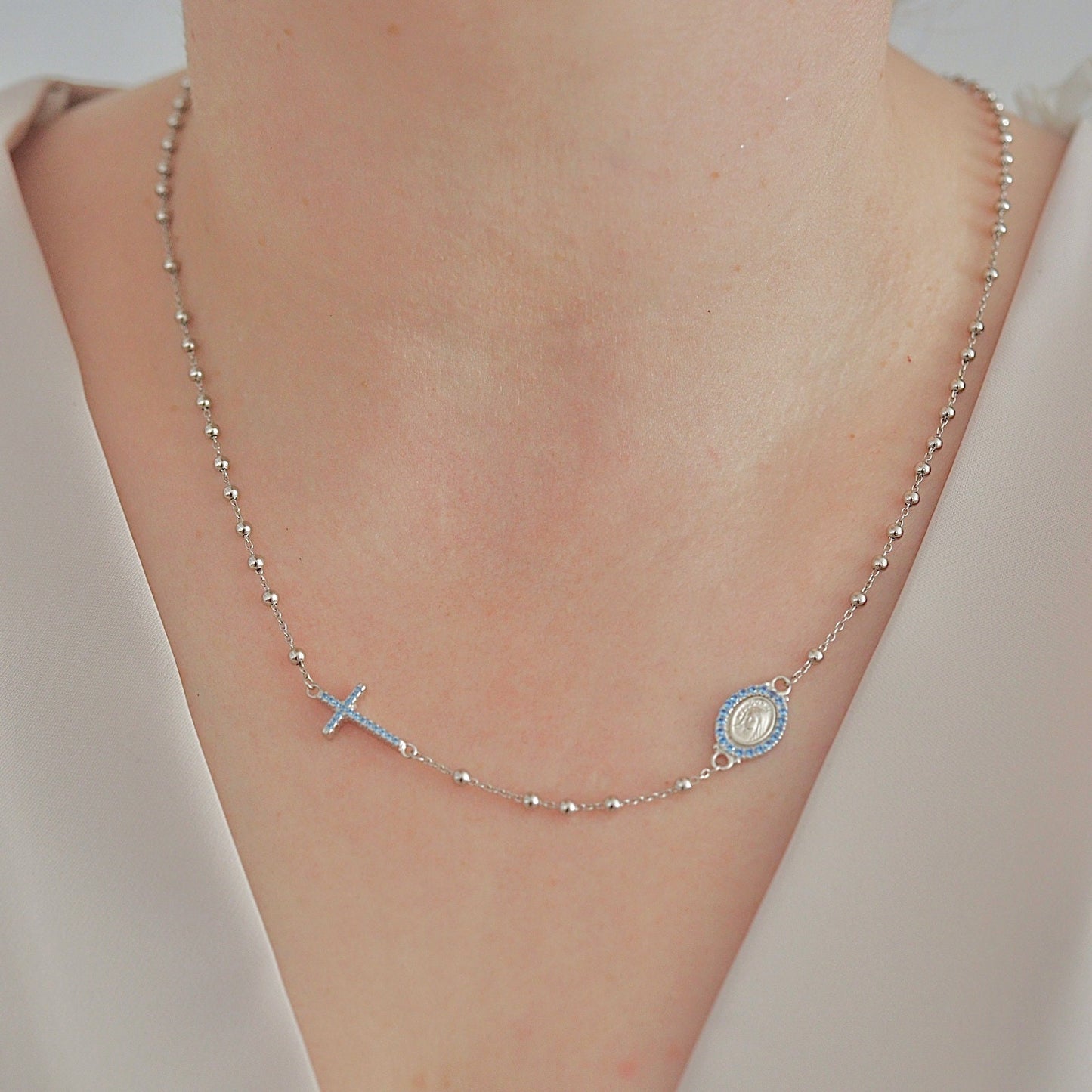 Dainty rosary necklace for teenage girl ,sterling silver 925, minimalist style necklace with Miraculous Medal ,20 inch rosary necklace