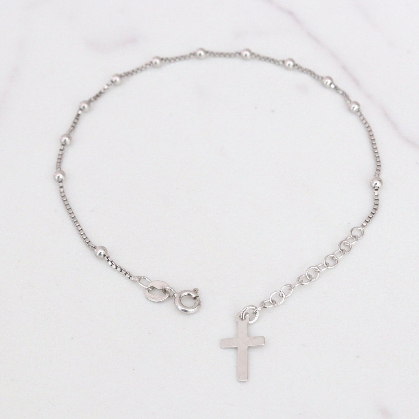Pulsera de rosario de plata de ley para mujer, pulsera de rosario con cuentas, pulsera de cuentas de rosario de una década, pulsera de rosario delicado con cruz