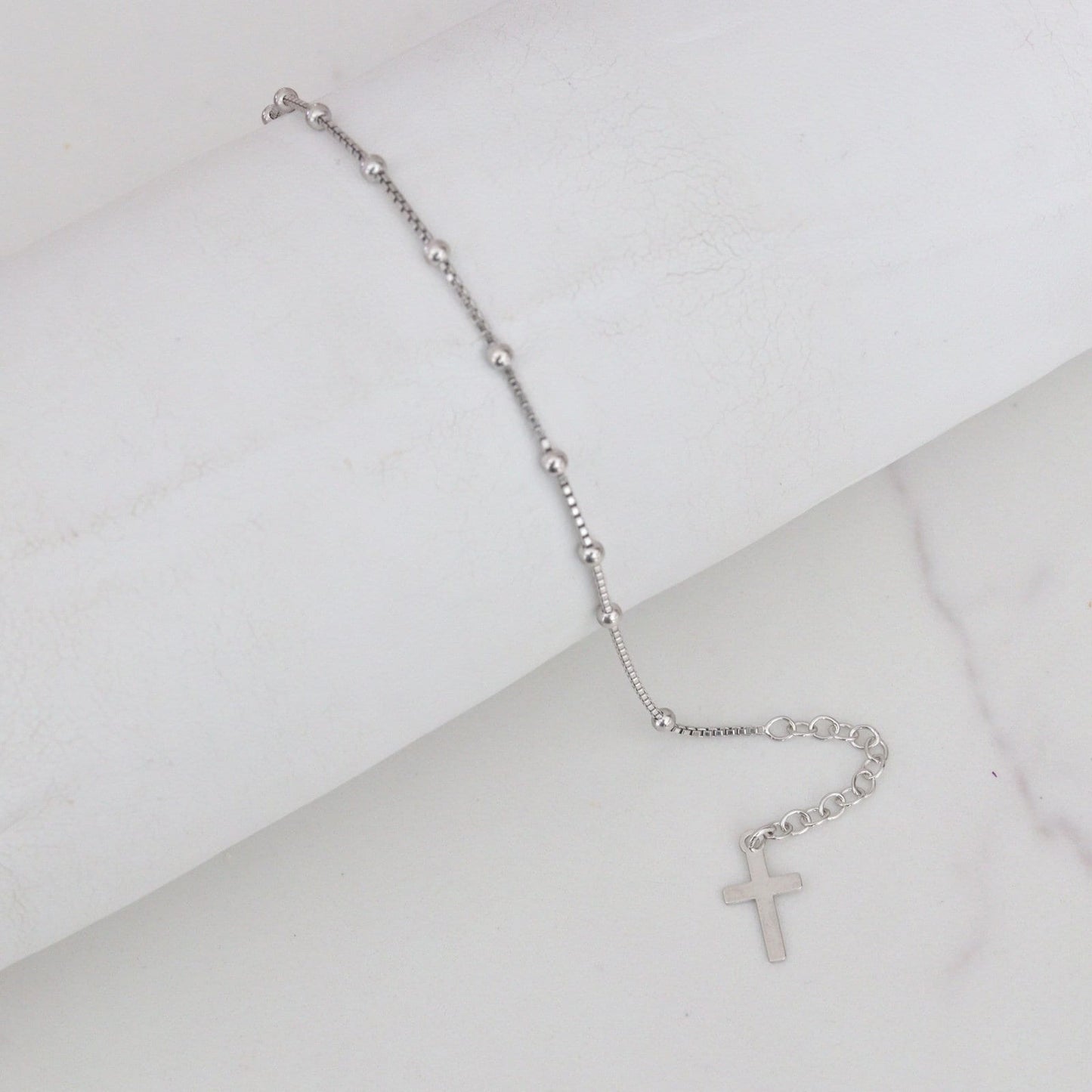 Pulsera de rosario de plata de ley para mujer, pulsera de rosario con cuentas, pulsera de cuentas de rosario de una década, pulsera de rosario delicado con cruz