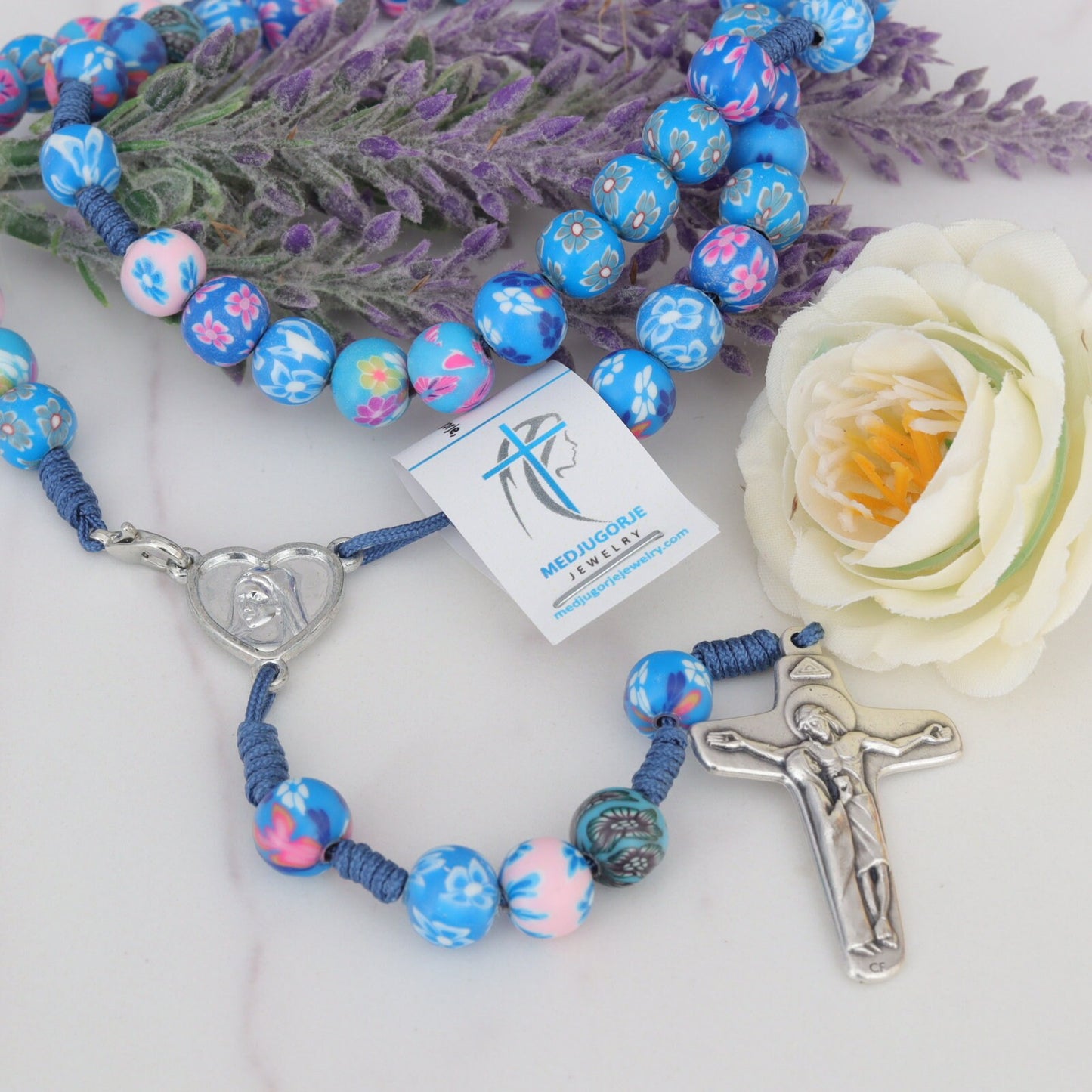 Cuentas de rosario Fimo de Medjugorje, rosario fimo hecho a mano con flores, rosario multicolor, rosario de arcilla fimo, cuentas de rosario con flores