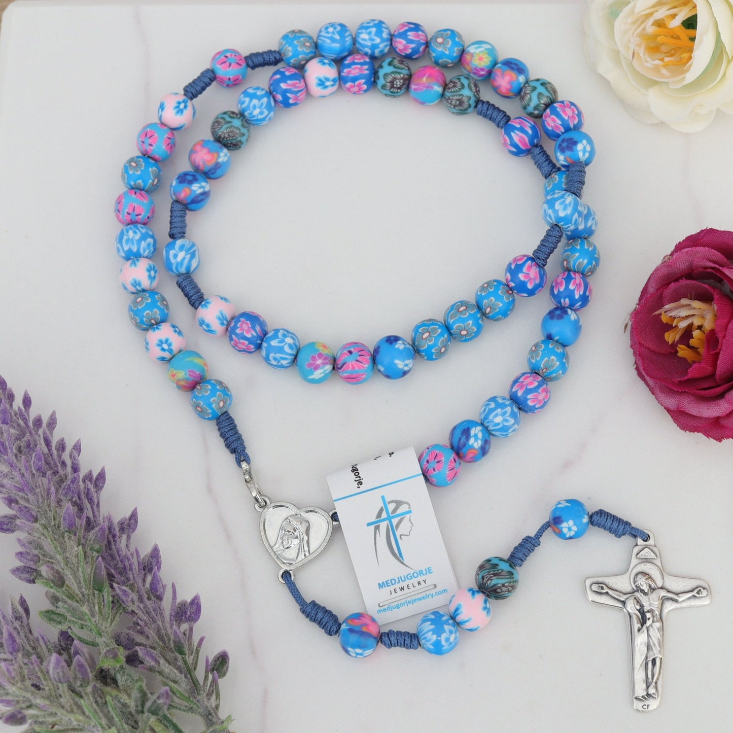 Cuentas de rosario Fimo de Medjugorje, rosario fimo hecho a mano con flores, rosario multicolor, rosario de arcilla fimo, cuentas de rosario con flores