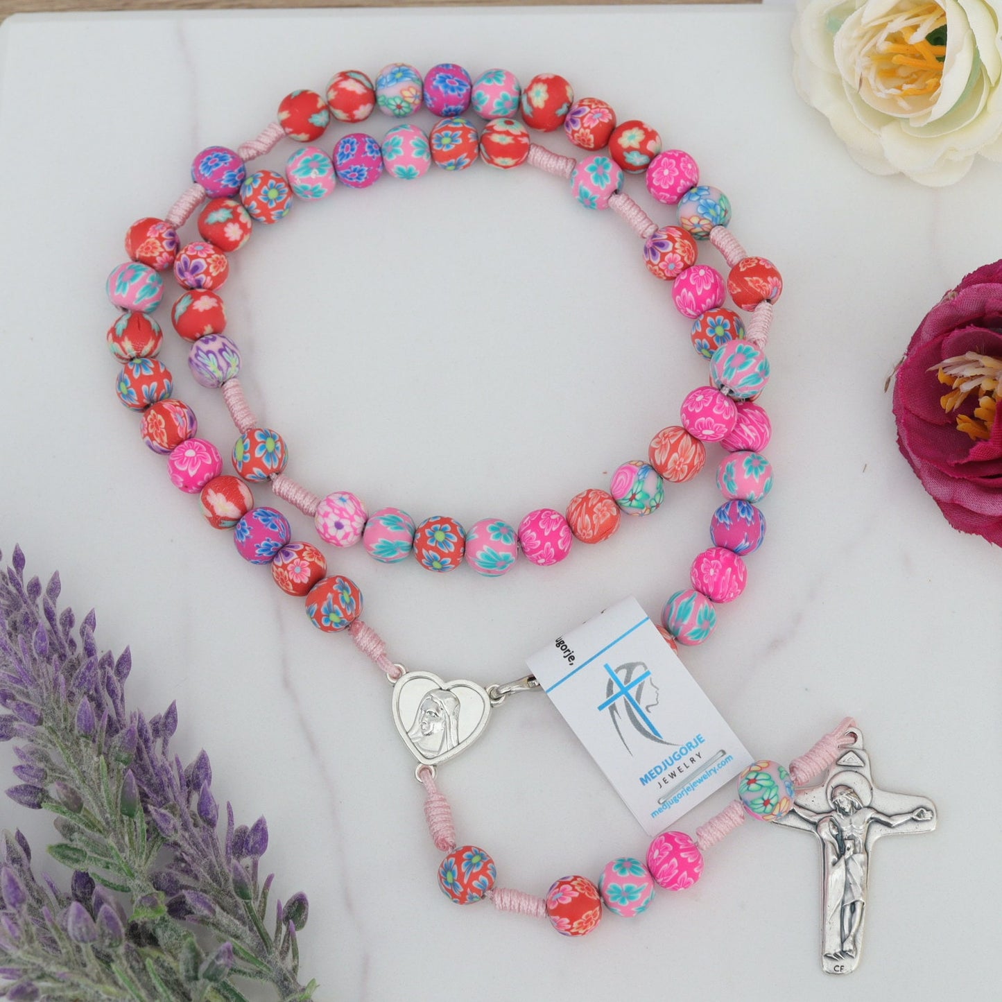 Cuentas de rosario Fimo de Medjugorje, rosario fimo hecho a mano con flores, rosario multicolor, rosario de arcilla fimo, cuentas de rosario con flores