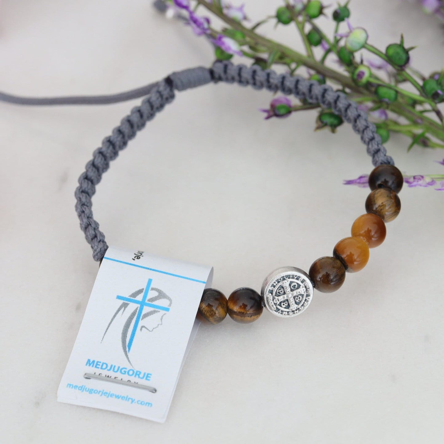 Medjugorje pulsera de cuentas de rosario de San Benito hecha a mano, pulsera de San Benito con piedras de tigre, pulsera de rosario tejido de San Benito