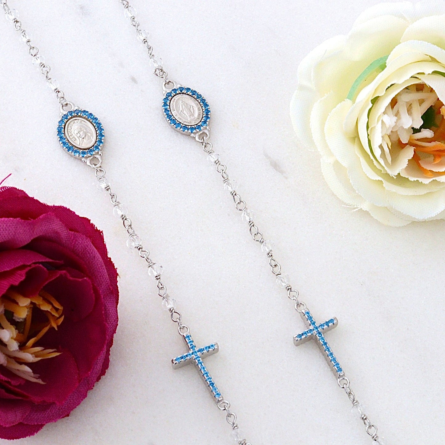 Pulsera de rosario de plata de ley para mujer con medalla milagrosa, pulsera de cuentas de rosario para damas, pulsera de cuentas de rosario de cristal delicado