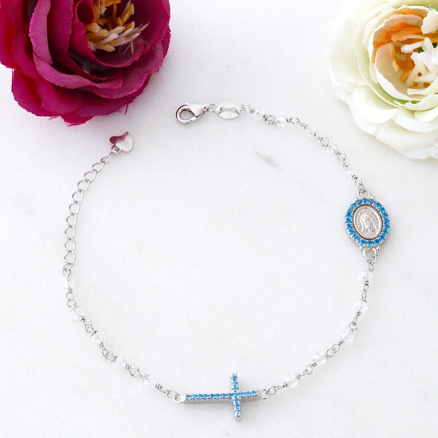 Pulsera de rosario de plata de ley para mujer con medalla milagrosa, pulsera de cuentas de rosario para damas, pulsera de cuentas de rosario de cristal delicado