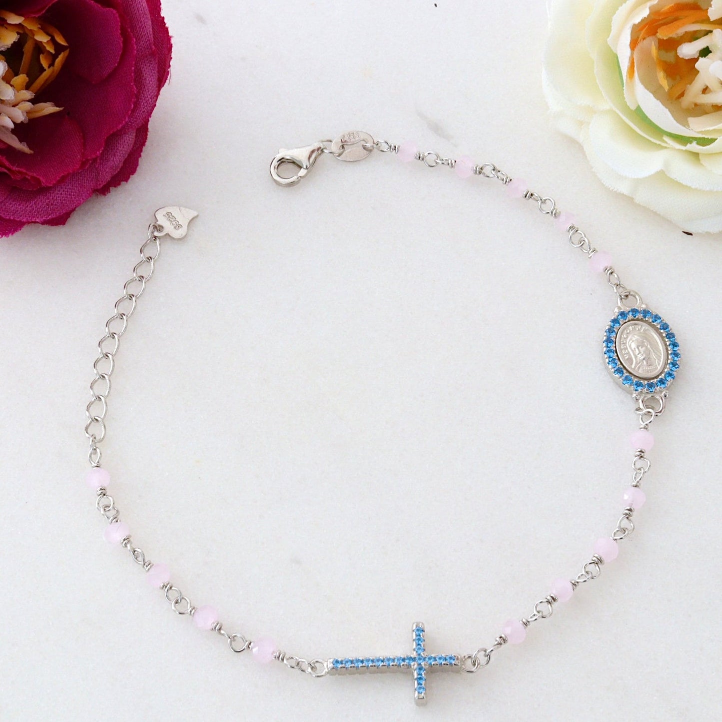 Pulsera de rosario de cuarzo rosa para mujer, pulsera de rosario de Medalla Milagrosa con cuentas rosas, delicada pulsera de medalla milagrosa con circonio