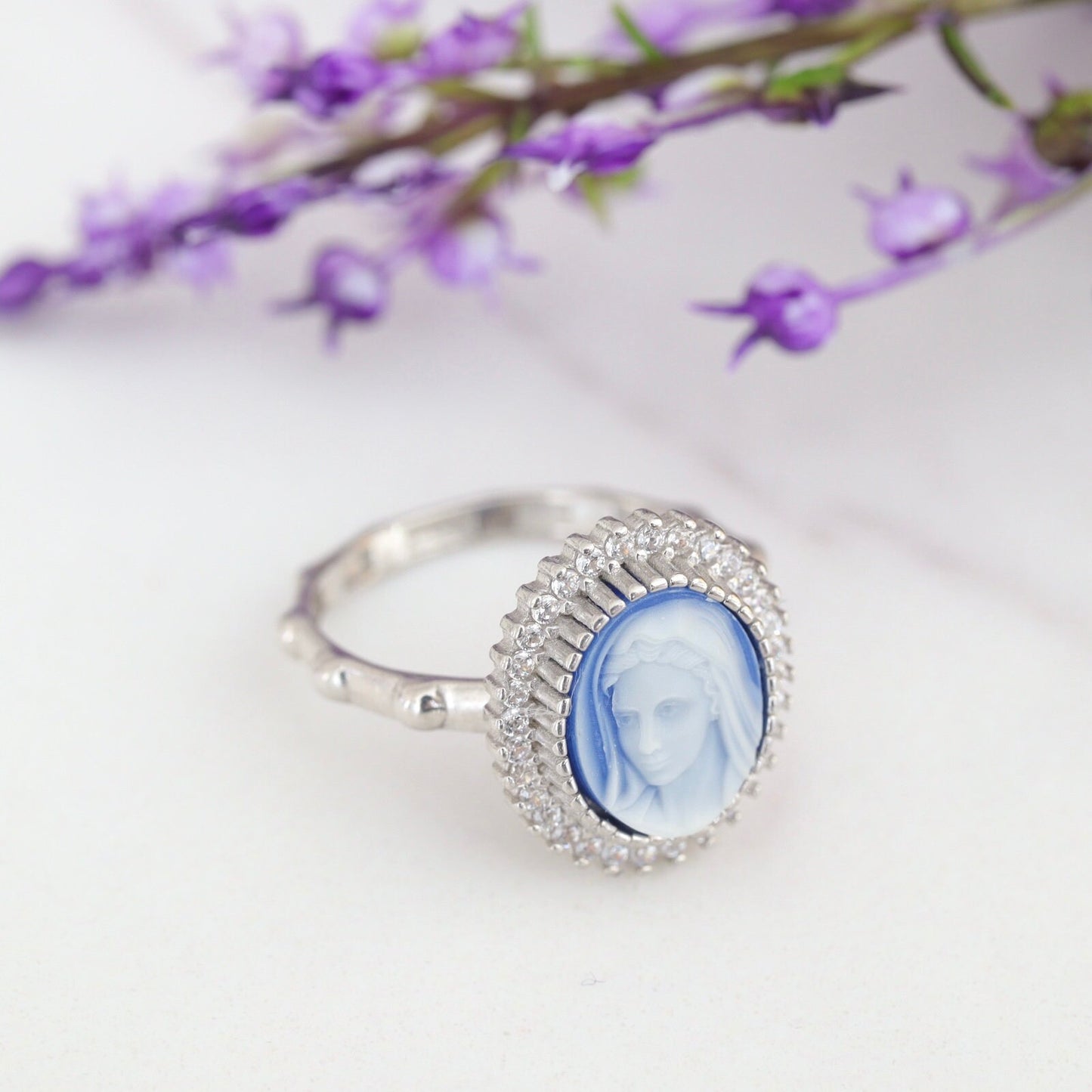 Anillo rosario, anillo Reina de la Paz, anillo Virgen María, rosario de plata de ley, anillo de sello, regalo de cumpleaños, anillo de cameo Medjugorje, ágata azul