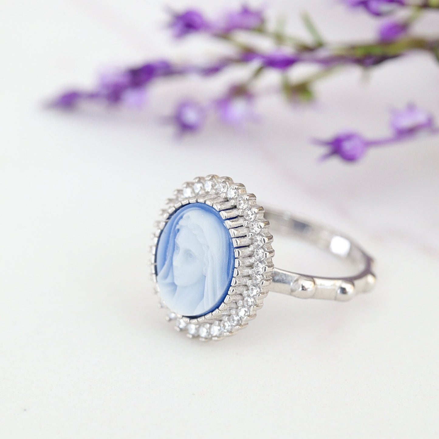 Anillo rosario, anillo Reina de la Paz, anillo Virgen María, rosario de plata de ley, anillo de sello, regalo de cumpleaños, anillo de cameo Medjugorje, ágata azul