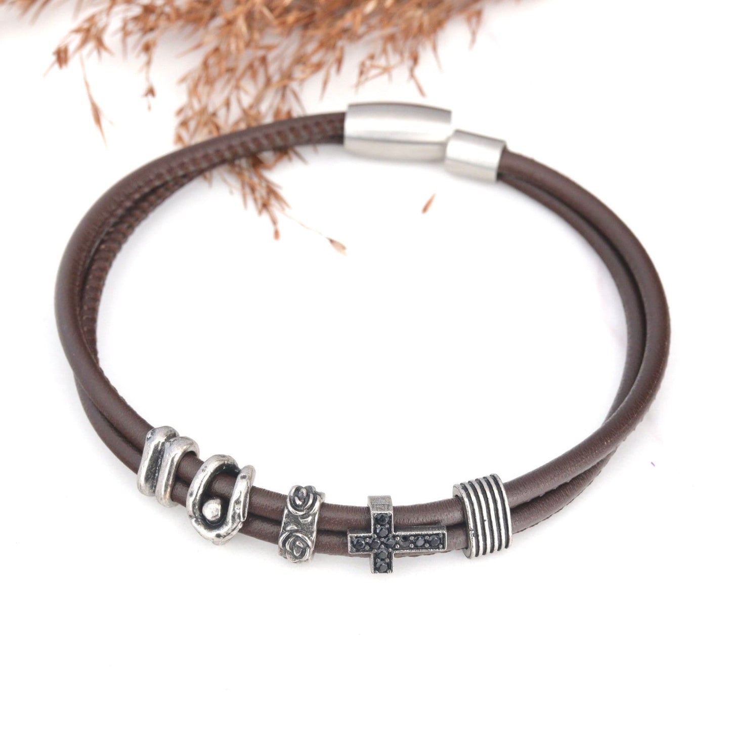 Pulsera cruzada de cuero genuino, pulsera moderna con cruz para hombre, pulsera católica para hombre, pulsera Medjugorje, cruz de circonita cúbica