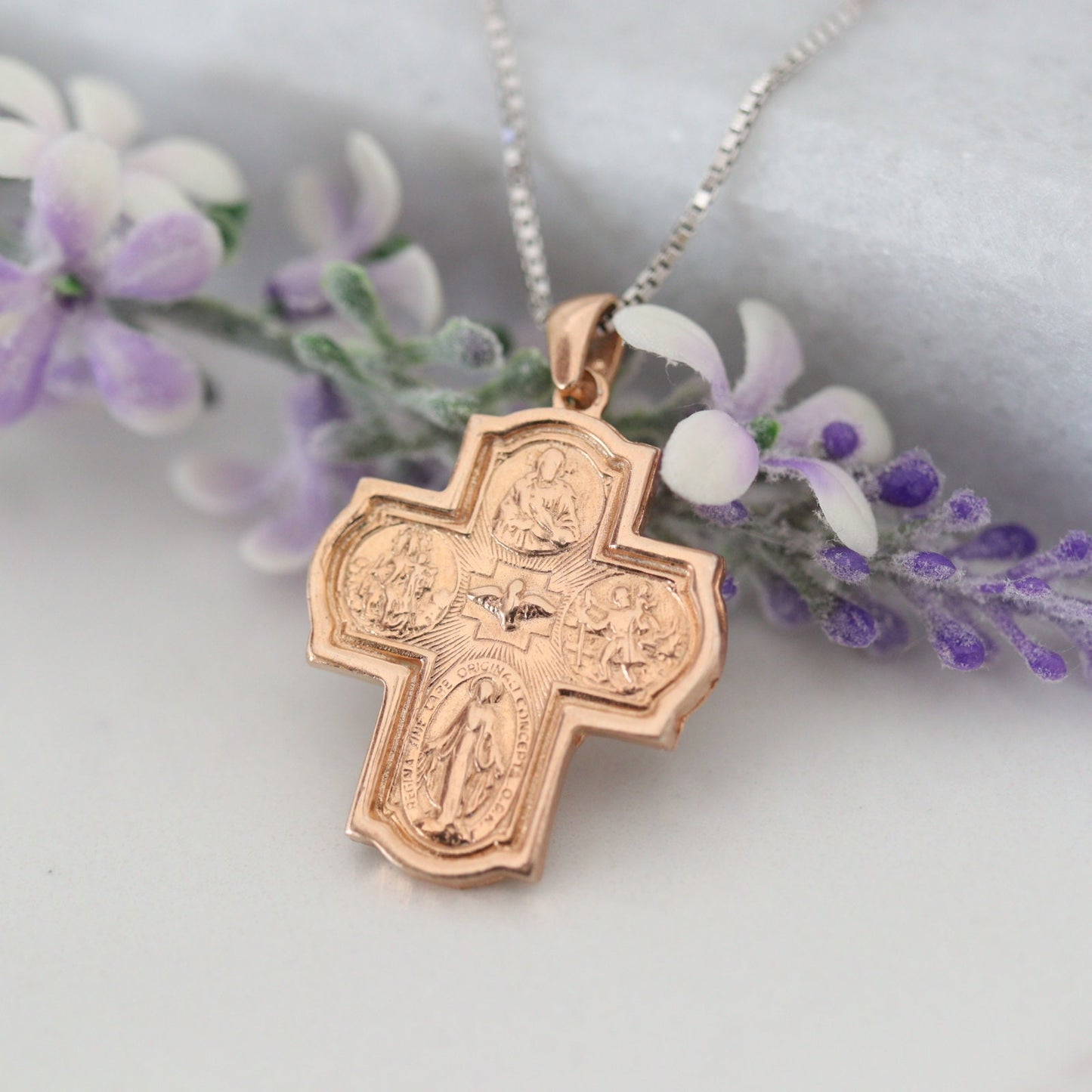 Cruz vintage de cuatro vías de plata de ley, cruz de 4 vías, Cruz escapularia, Espíritu Santo, Medalla Milagrosa, Sagrado Corazón de Jesús, San Cristóbal