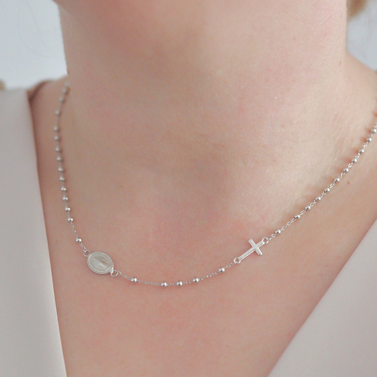Collar de rosario con cuentas para mujer, collar de cuentas de plata de ley 925 con dije de Medalla Milagrosa, collar de rosario de Nuestra Señora de tamaño ajustable