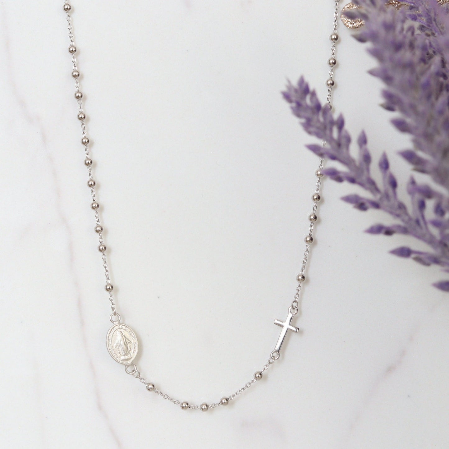 Collar de rosario con cuentas para mujer, collar de cuentas de plata de ley 925 con dije de Medalla Milagrosa, collar de rosario de Nuestra Señora de tamaño ajustable