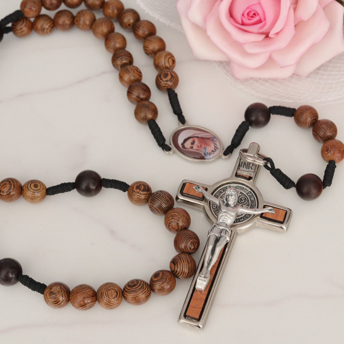 Rosario cruz de San Benito, rosario de madera hecho a mano, rosario de Medjugorje, rosario tejido, rosario para hombre, cruz de madera de olivo, rosario católico