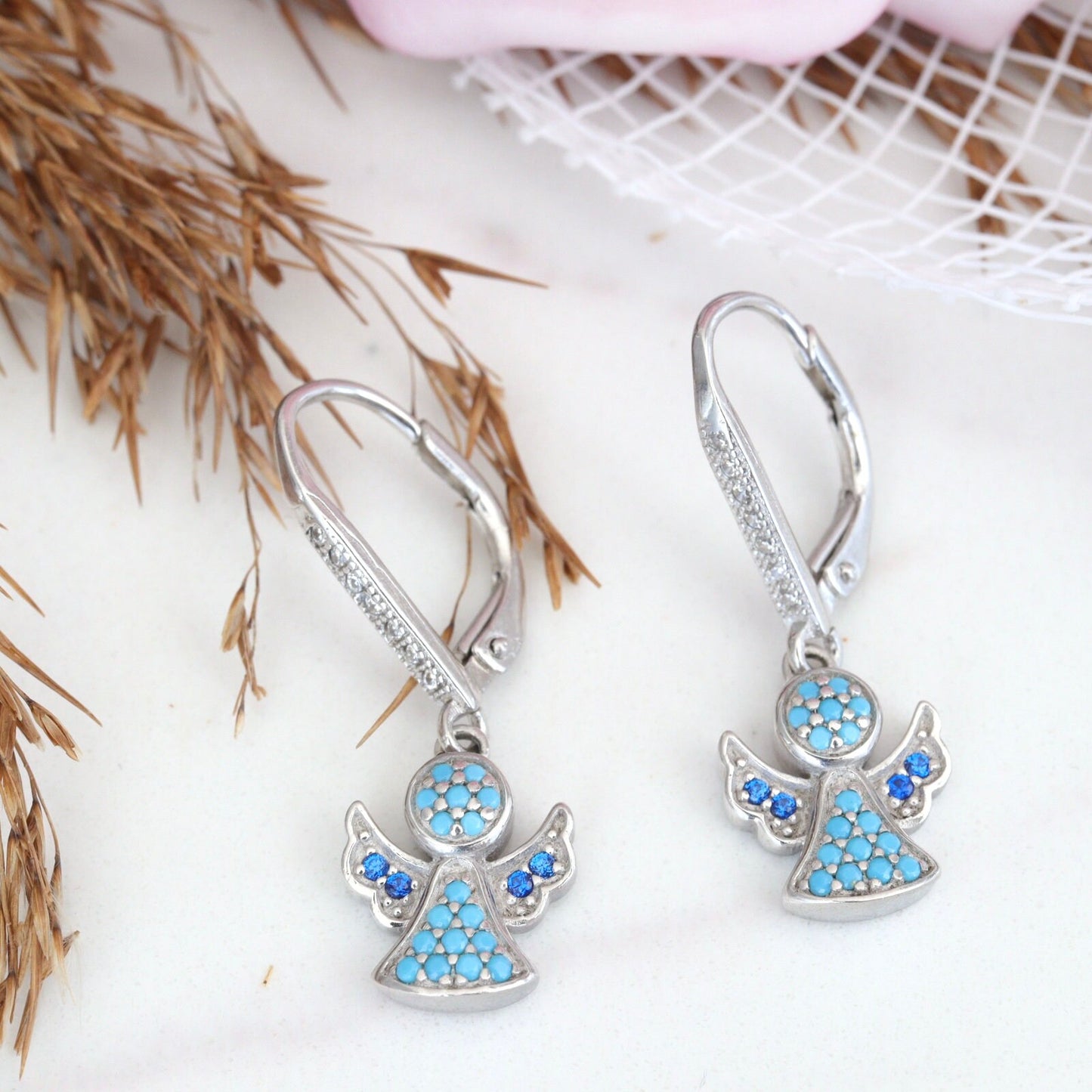 Pendientes ángeles de plata, pendientes ángeles de circonitas, pendientes para niña, pendientes ángeles con palanca, pendientes ángeles de circonitas azules