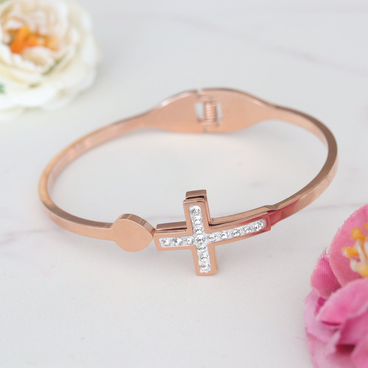 Pulsera de esclava cruzada de acero inoxidable, pulsera de circonita cúbica cruzada, pulsera del Sagrado Corazón de Jesucristo, pulsera católica con cruz
