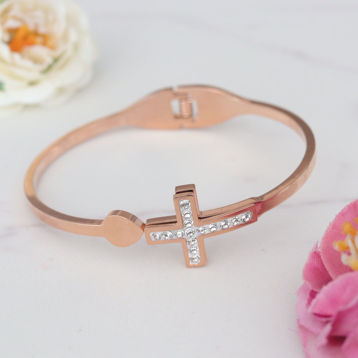 Pulsera de esclava cruzada de acero inoxidable, pulsera de circonita cúbica cruzada, pulsera del Sagrado Corazón de Jesucristo, pulsera católica con cruz