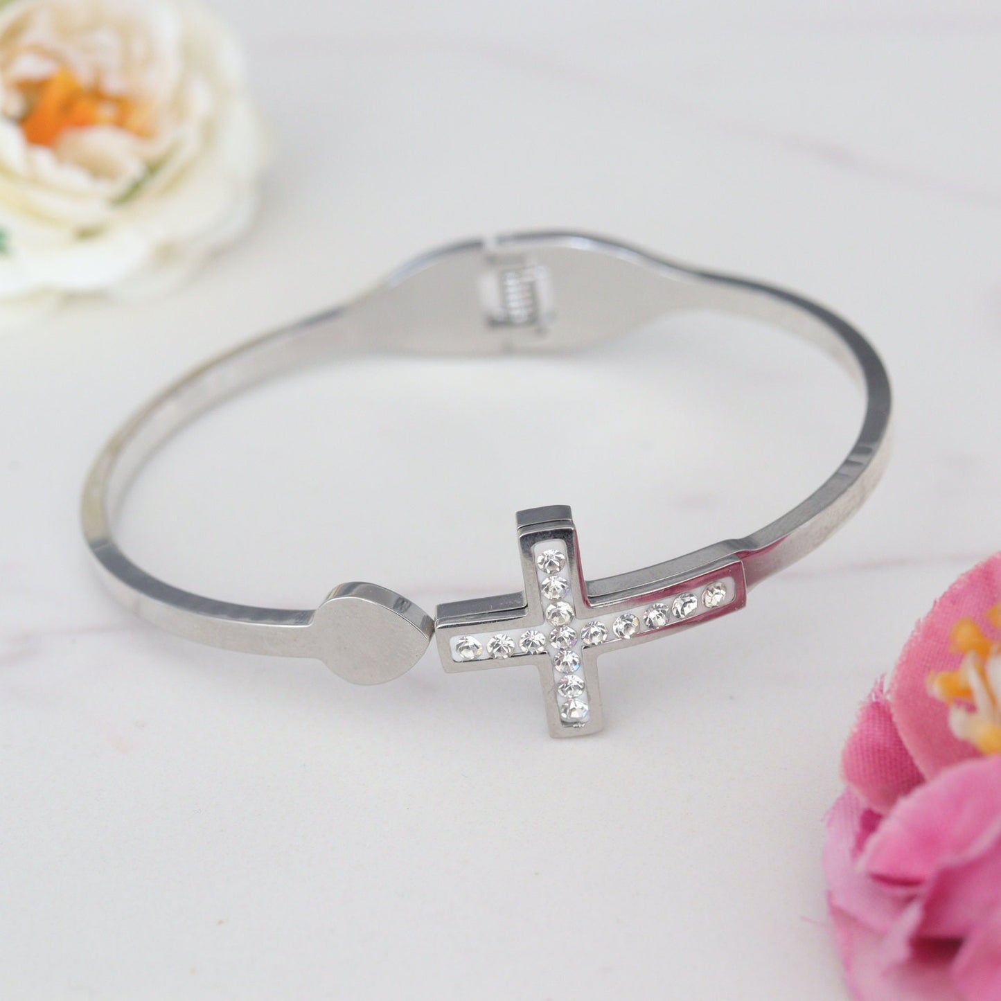 Pulsera de esclava cruzada de acero inoxidable, pulsera de circonita cúbica cruzada, pulsera del Sagrado Corazón de Jesucristo, pulsera católica con cruz
