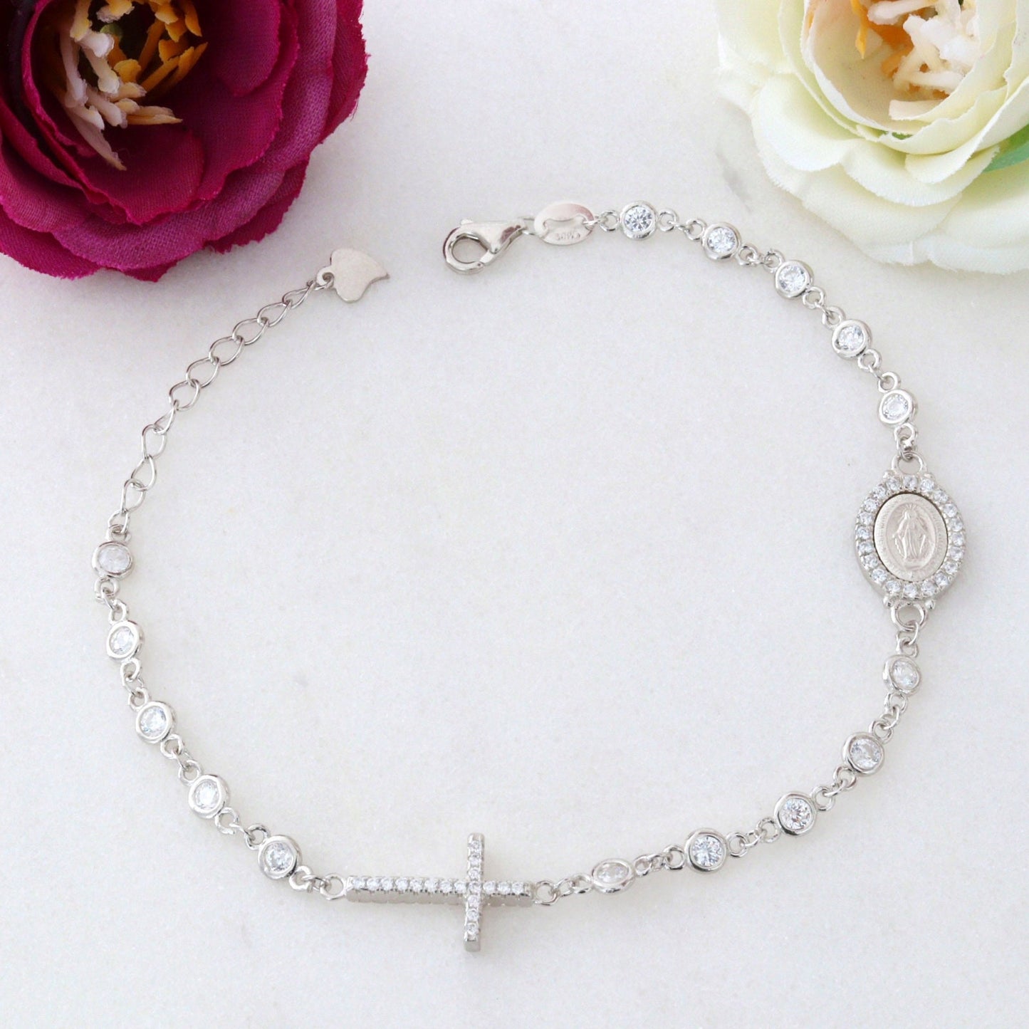 Pulsera de rosario de circonita cúbica de plata de ley para mujer, rosario de Medalla Milagrosa, rosario de Reina de la Paz, pulsera de rosario de Virgen María de Gracia