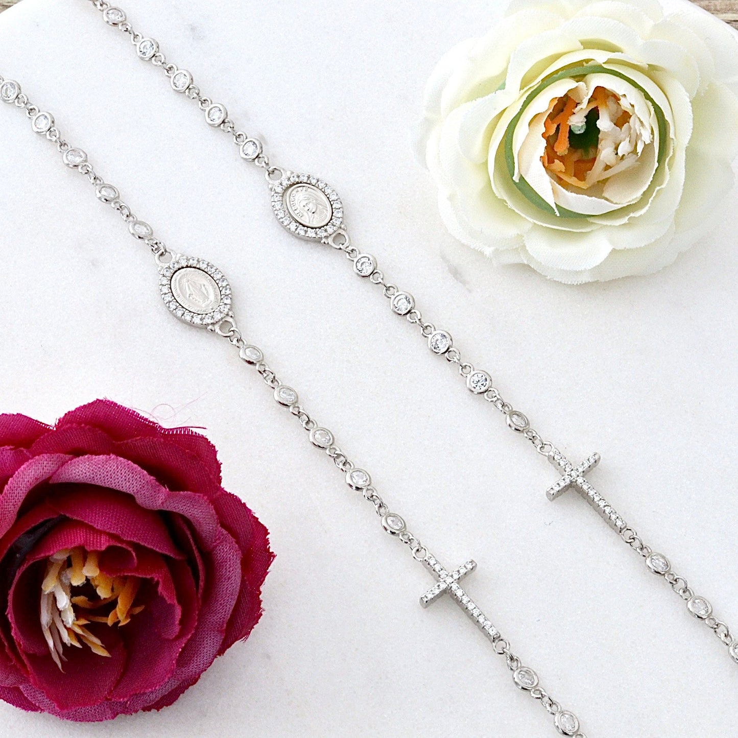 Pulsera de rosario de circonita cúbica de plata de ley para mujer, rosario de Medalla Milagrosa, rosario de Reina de la Paz, pulsera de rosario de Virgen María de Gracia