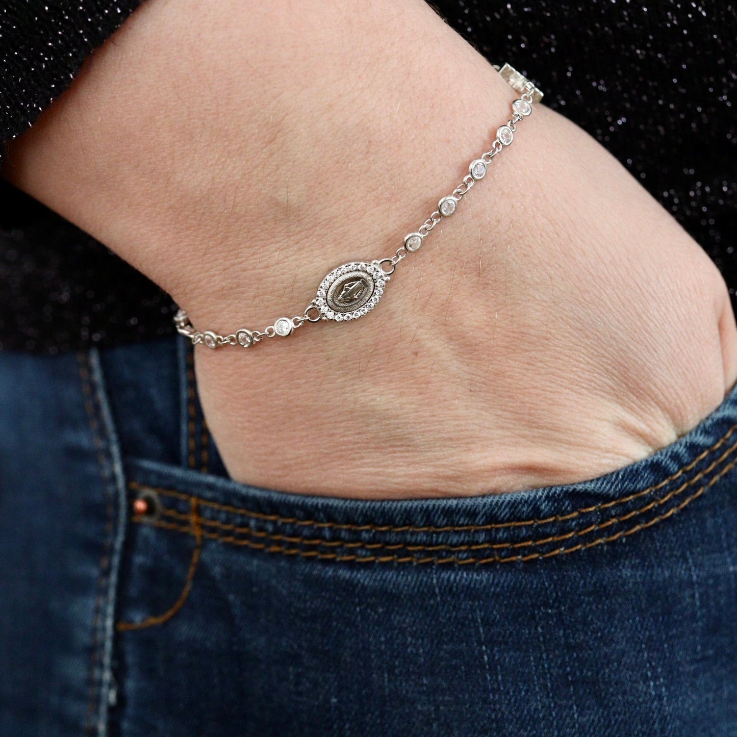 Pulsera de rosario de circonita cúbica de plata de ley para mujer, rosario de Medalla Milagrosa, rosario de Reina de la Paz, pulsera de rosario de Virgen María de Gracia