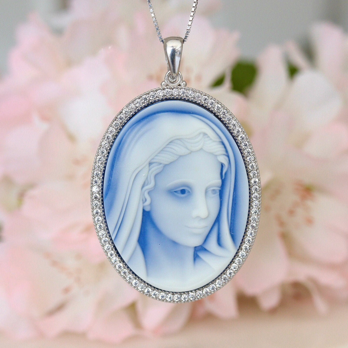 Colgante Reina de la Paz, plata de ley 925, collar estilo cameo azul, colgante Virgen María para mujeres católicas, regalo para mamá de Medjugorje