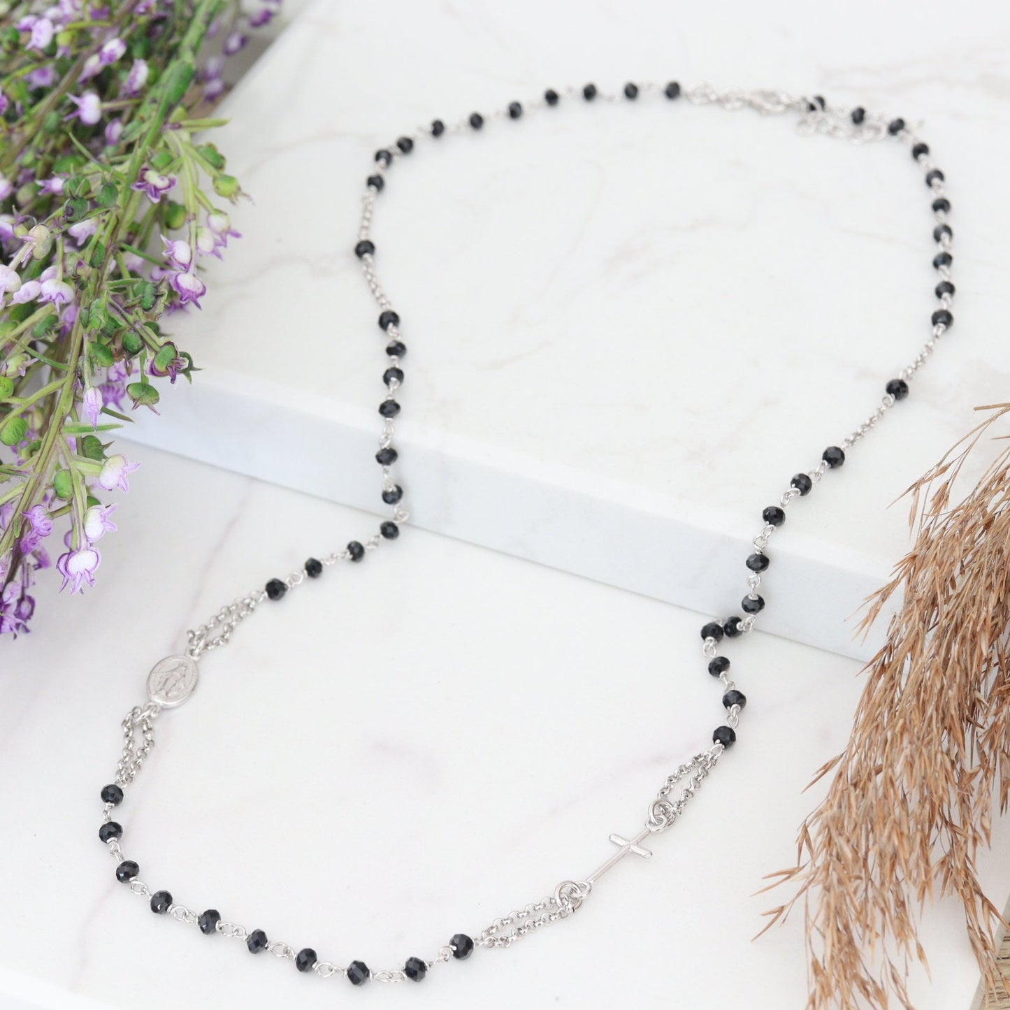 Collar de rosario de turmalina negra para mujer, collar de rosario de plata de ley 925 con Medalla Milagrosa, collar de rosario de ónix negro de 20 pulgadas