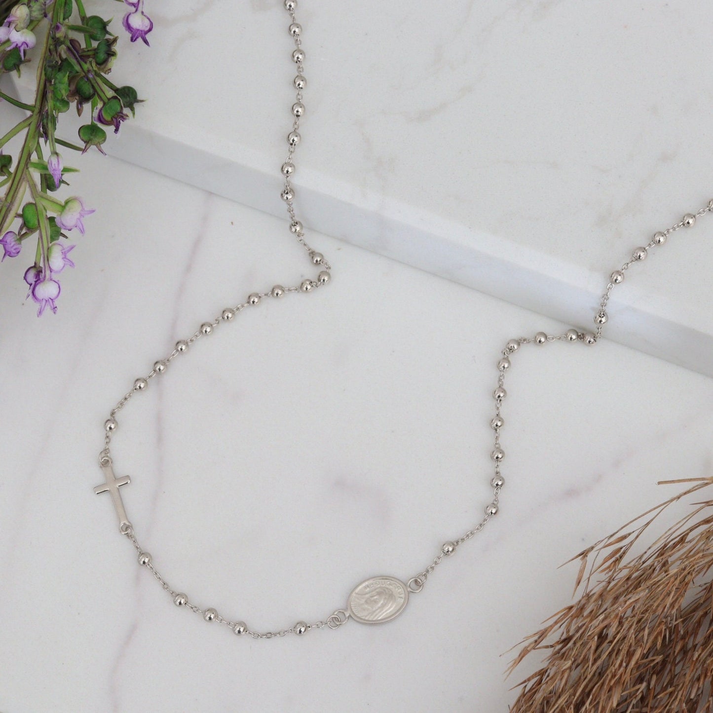 Collar de rosario minimalista, rosario de plata de ley 925, collar de Nuestra Señora, collar de Medalla Milagrosa, collar de rosario con cuentas católicas