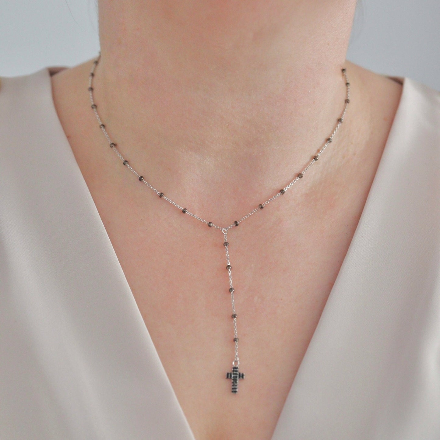 Collar estilo rosario de cuentas para adolescentes, collar cruzado de cuentas delicado de plata 925 con circonio, collar cruzado de tamaño ajustable para dama