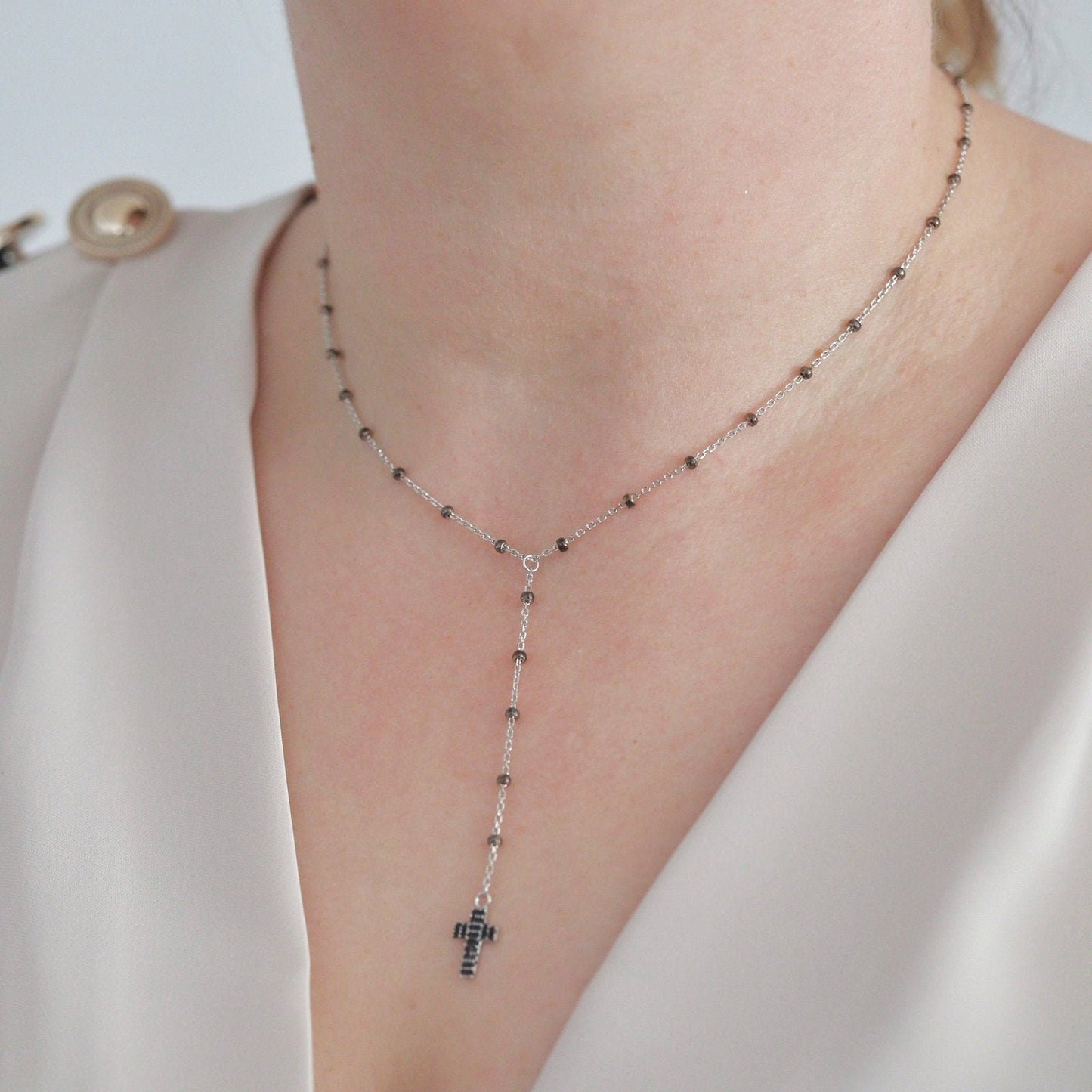 Collar estilo rosario de cuentas para adolescentes, collar cruzado de cuentas delicado de plata 925 con circonio, collar cruzado de tamaño ajustable para dama