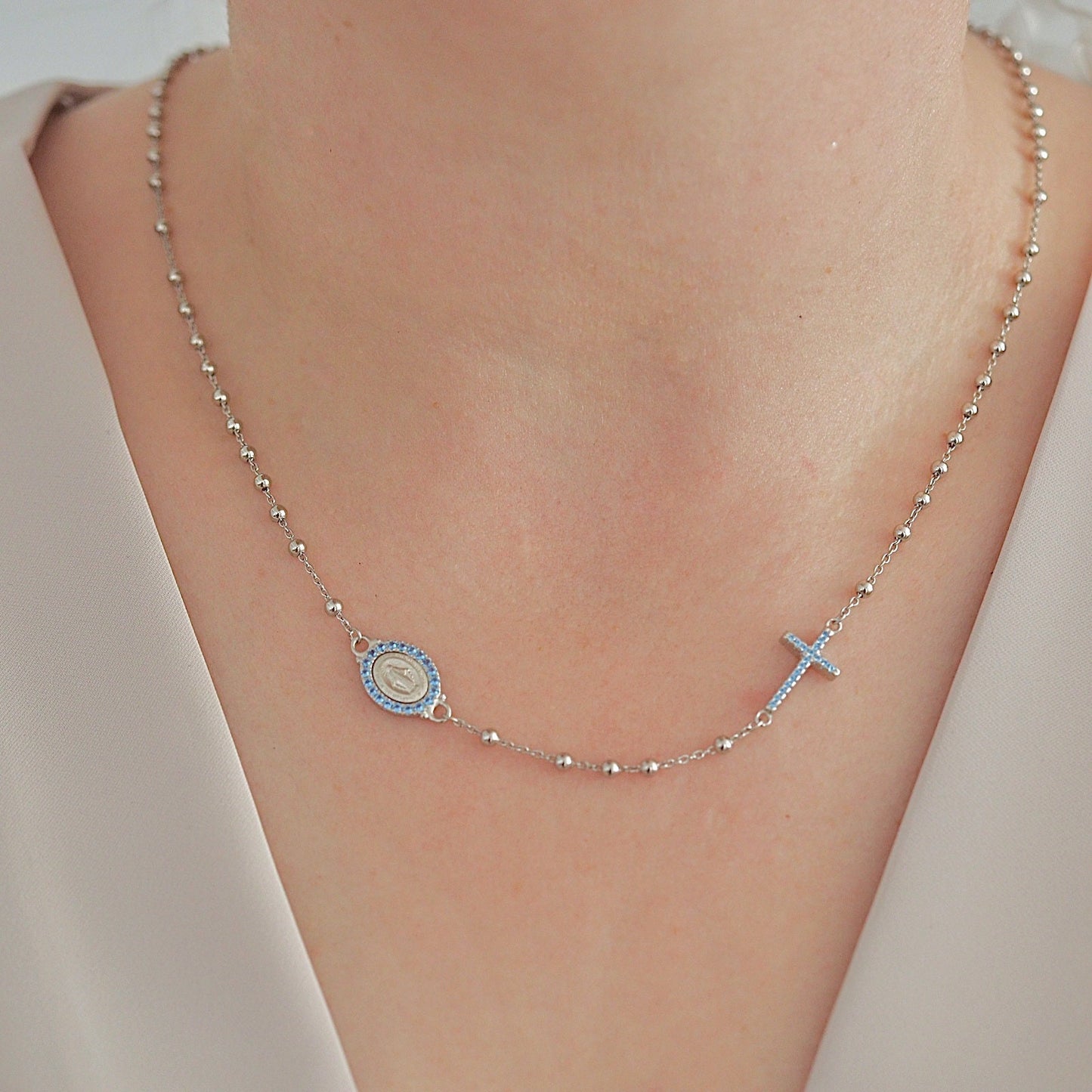 Dainty rosary necklace for teenage girl ,sterling silver 925, minimalist style necklace with Miraculous Medal ,20 inch rosary necklace