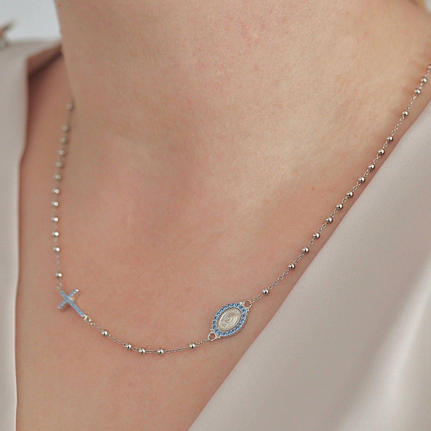 Dainty rosary necklace for teenage girl ,sterling silver 925, minimalist style necklace with Miraculous Medal ,20 inch rosary necklace
