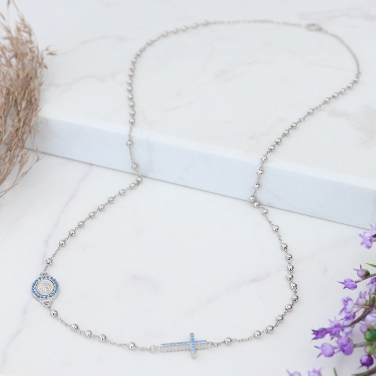 Dainty rosary necklace for teenage girl ,sterling silver 925, minimalist style necklace with Miraculous Medal ,20 inch rosary necklace