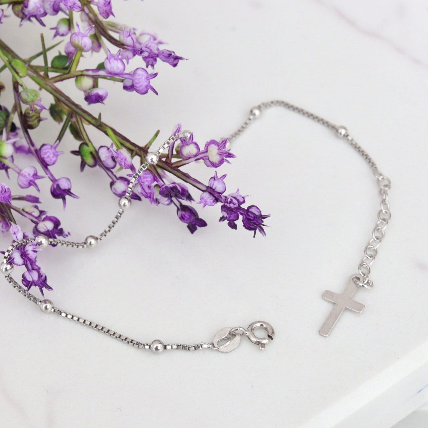 Pulsera de rosario de plata de ley para mujer, pulsera de rosario con cuentas, pulsera de cuentas de rosario de una década, pulsera de rosario delicado con cruz