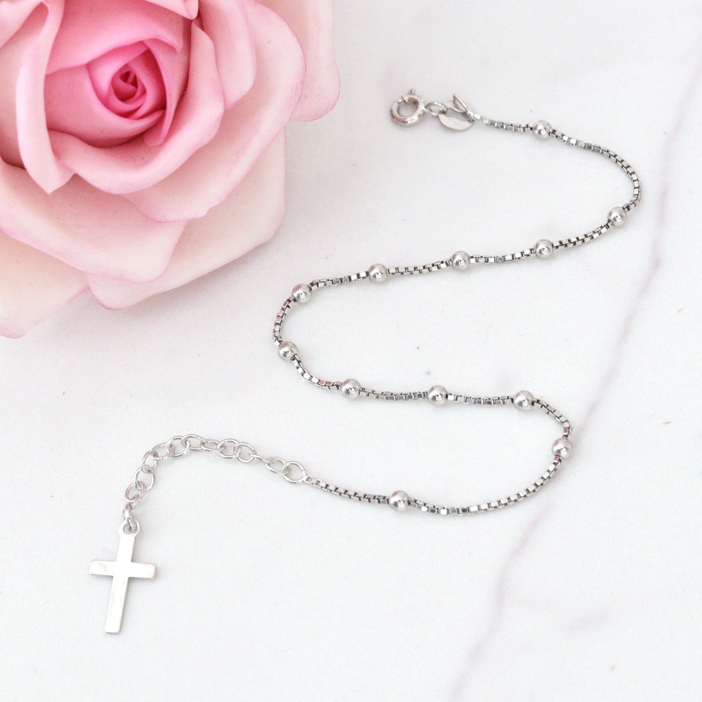 Pulsera de rosario de plata de ley para mujer, pulsera de rosario con cuentas, pulsera de cuentas de rosario de una década, pulsera de rosario delicado con cruz