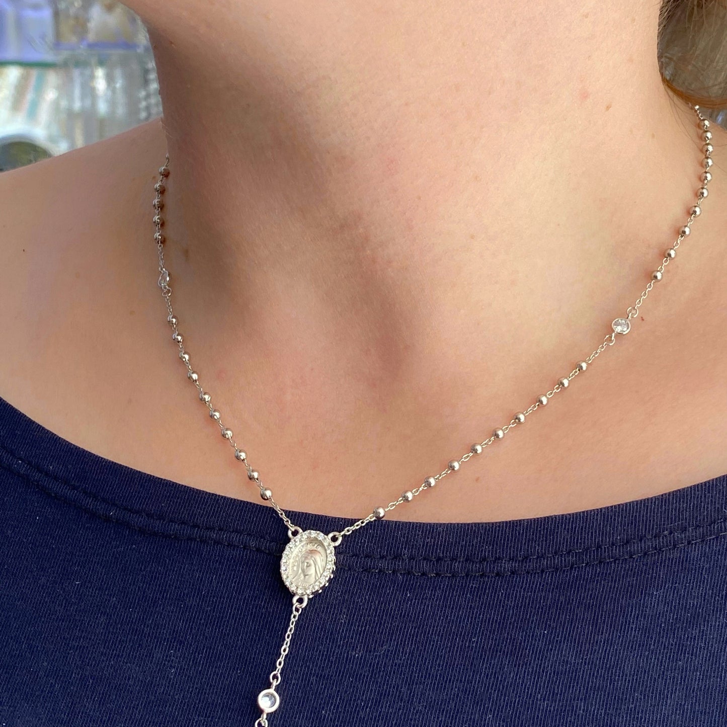 Collar de cuentas de rosario delicado de plata de ley con Medalla Milagrosa, collar de rosario de Medjugorje para damas, collar de cuentas de rosario de 20 pulgadas