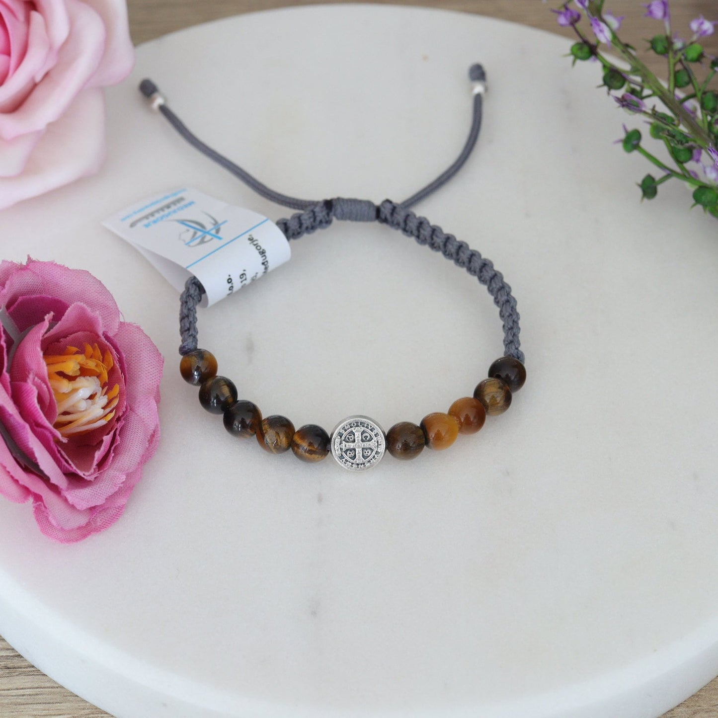 Medjugorje pulsera de cuentas de rosario de San Benito hecha a mano, pulsera de San Benito con piedras de tigre, pulsera de rosario tejido de San Benito