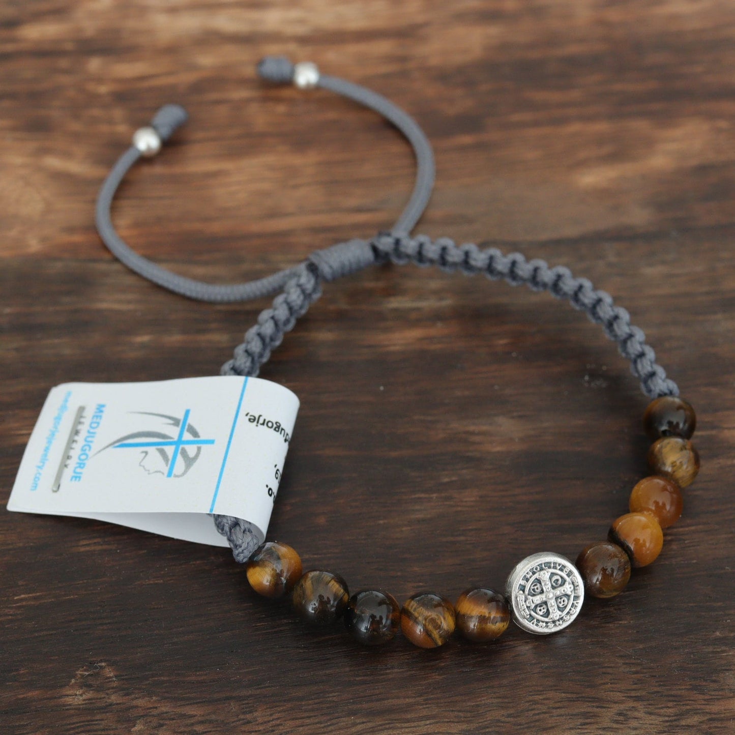 Medjugorje pulsera de cuentas de rosario de San Benito hecha a mano, pulsera de San Benito con piedras de tigre, pulsera de rosario tejido de San Benito