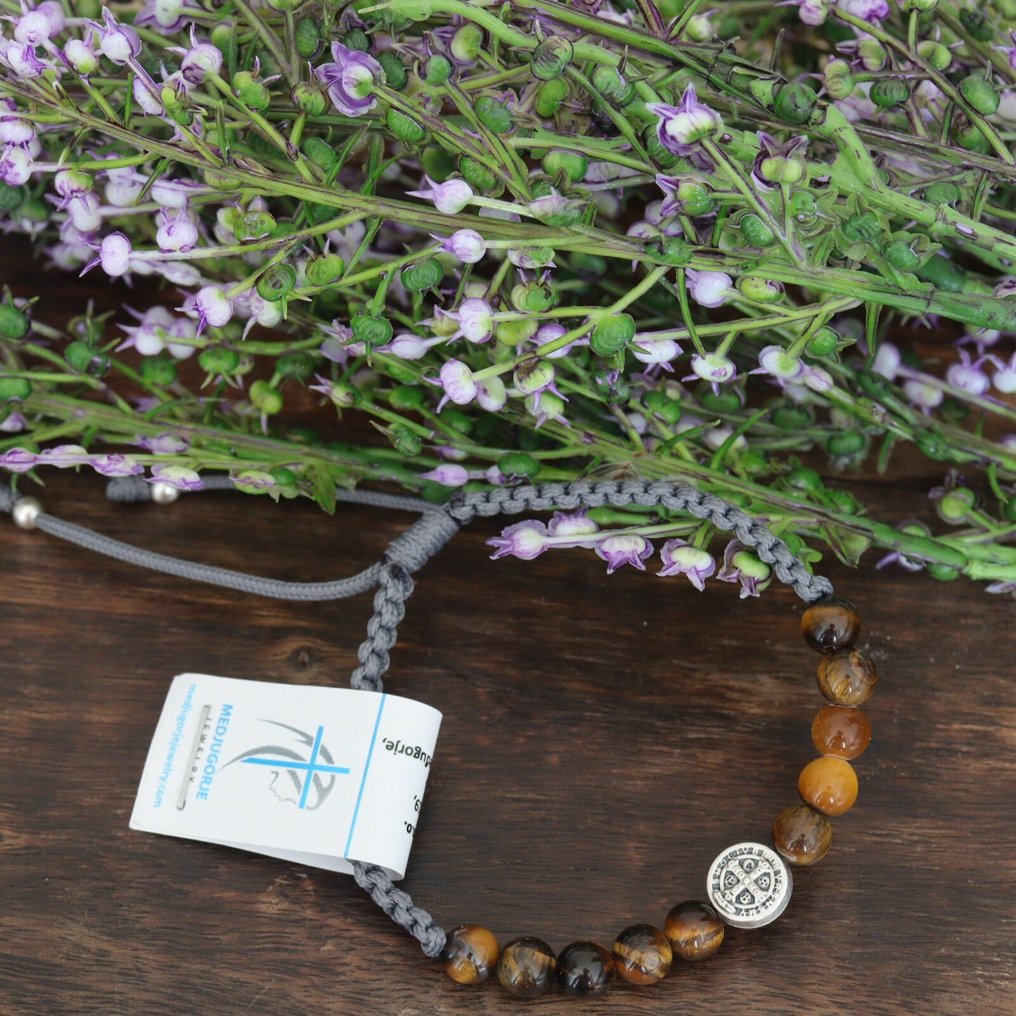 Medjugorje pulsera de cuentas de rosario de San Benito hecha a mano, pulsera de San Benito con piedras de tigre, pulsera de rosario tejido de San Benito