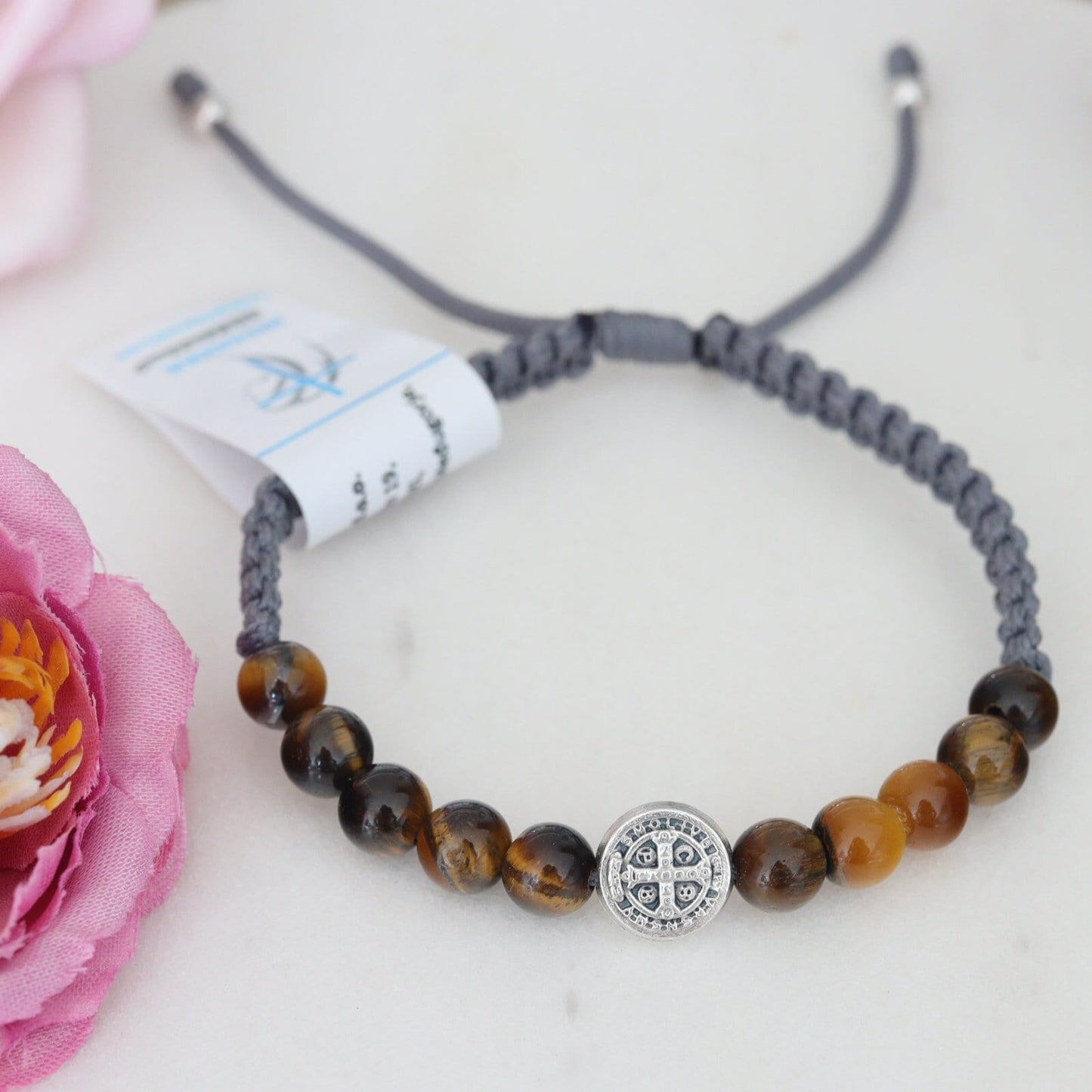 Medjugorje pulsera de cuentas de rosario de San Benito hecha a mano, pulsera de San Benito con piedras de tigre, pulsera de rosario tejido de San Benito
