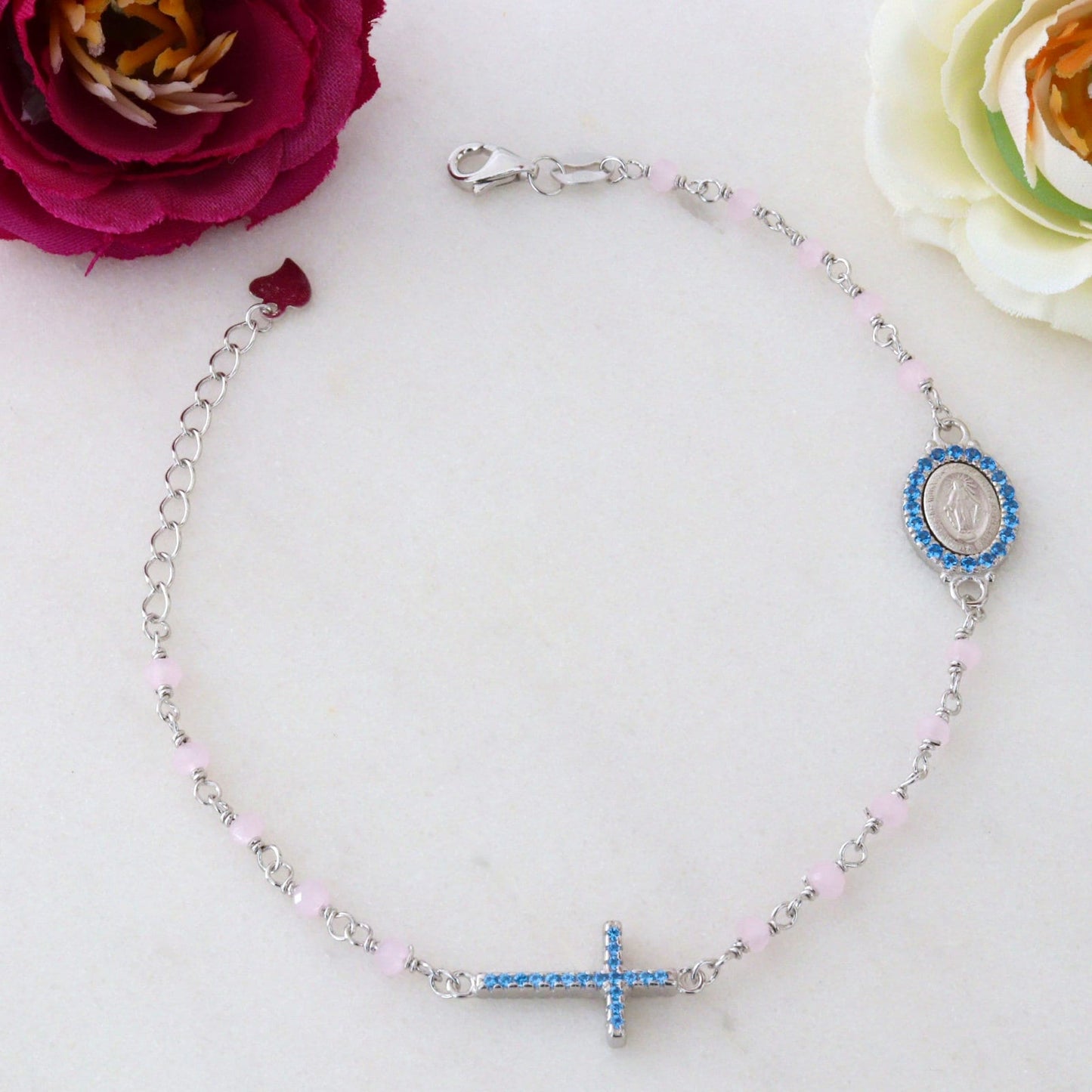 Pulsera de rosario de cuarzo rosa para mujer, pulsera de rosario de Medalla Milagrosa con cuentas rosas, delicada pulsera de medalla milagrosa con circonio