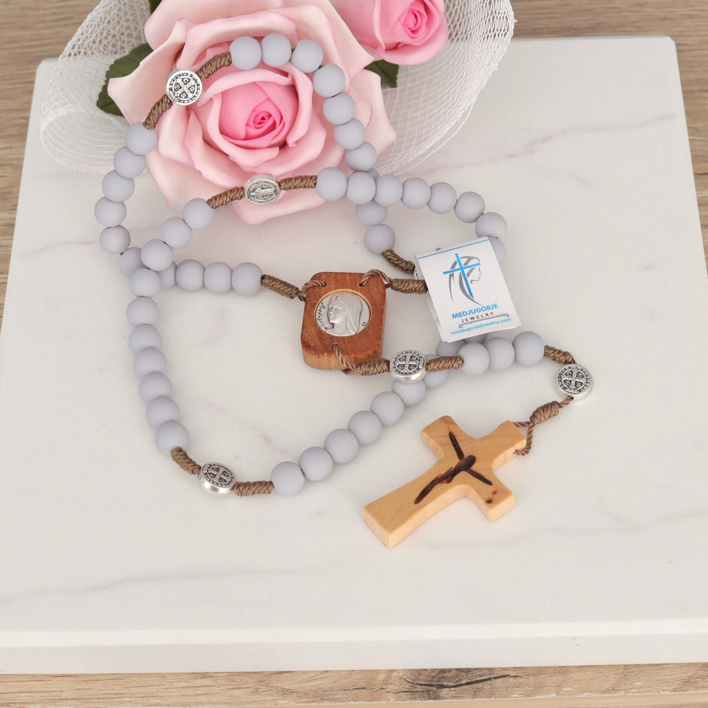 Medjugorje Cuentas de rosario hechas a mano, cuentas de rosario de madera de olivo, rosario de cristal, rosario único de traje, rosario de Nuestra Señora, cuentas de rosario Devine Mercy