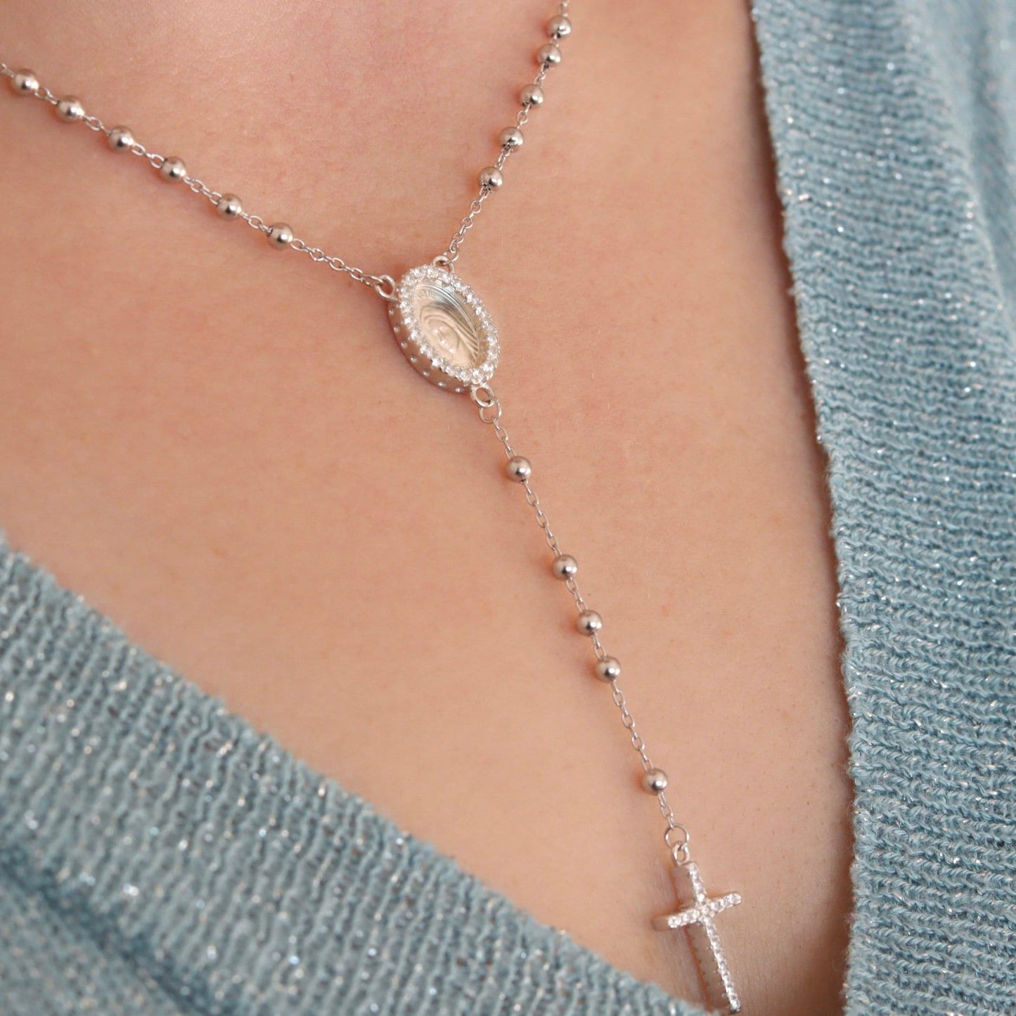Collar de rosario Medjugorje para mujer, collar de rosario de plata de ley con medalla de Medjugorje, delicado collar de cuentas de rosario con circonita cúbica
