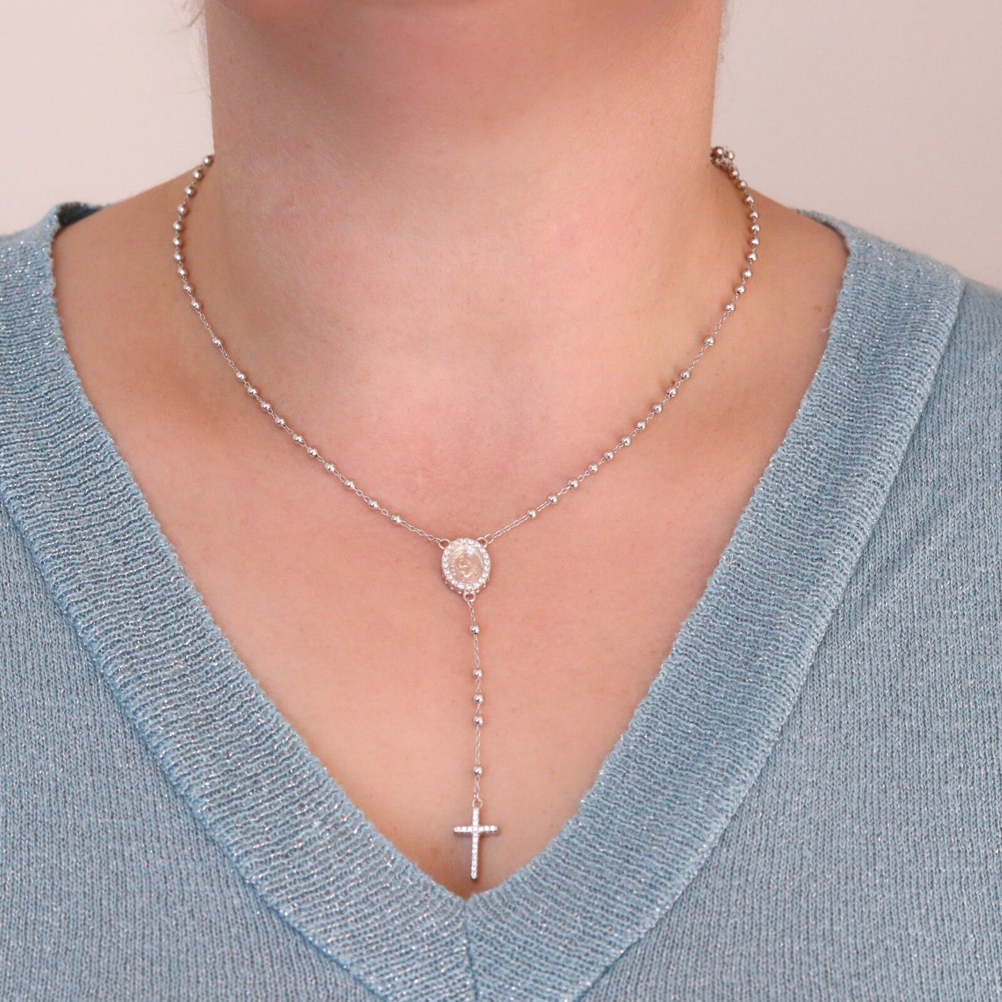 Collar de rosario Medjugorje para mujer, collar de rosario de plata de ley con medalla de Medjugorje, delicado collar de cuentas de rosario con circonita cúbica