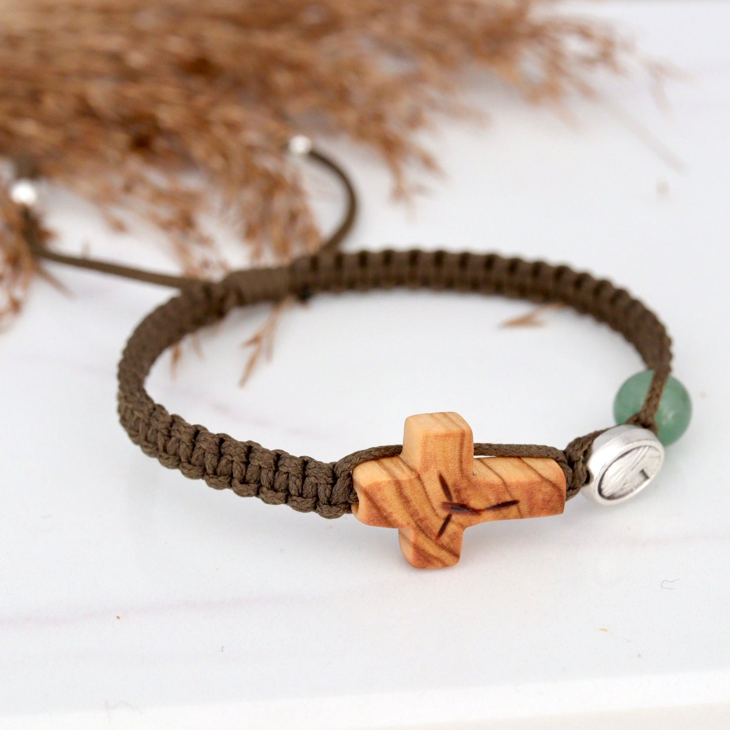 Pulsera cruzada, pulsera cruzada de madera de olivo tejida a mano, pulsera verde militar, pulsera tejida Nuestra Señora, pulsera cruzada con Virgen María