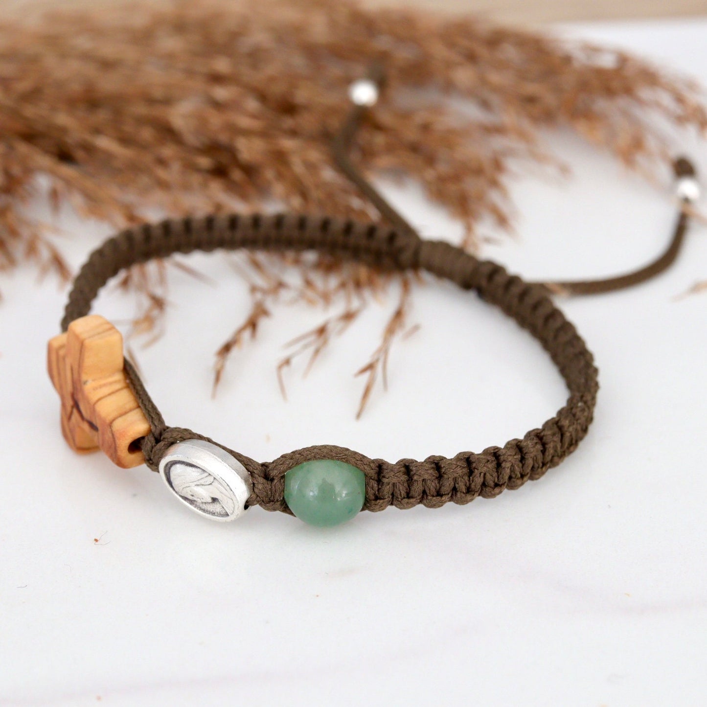 Pulsera cruzada, pulsera cruzada de madera de olivo tejida a mano, pulsera verde militar, pulsera tejida Nuestra Señora, pulsera cruzada con Virgen María